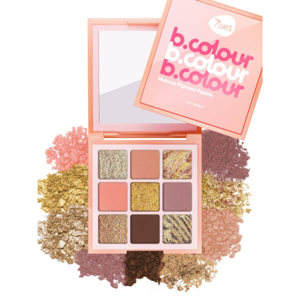 Paleta de sombras b.colour con 9 tonos en caja rosa pastel.