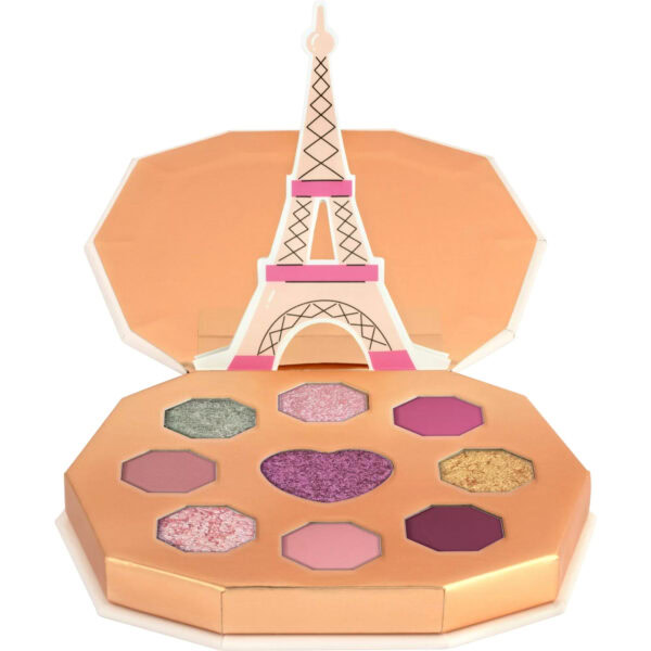 Paleta de sombras de ojos con diseño de la Torre Eiffel y tonos rosados y morados.