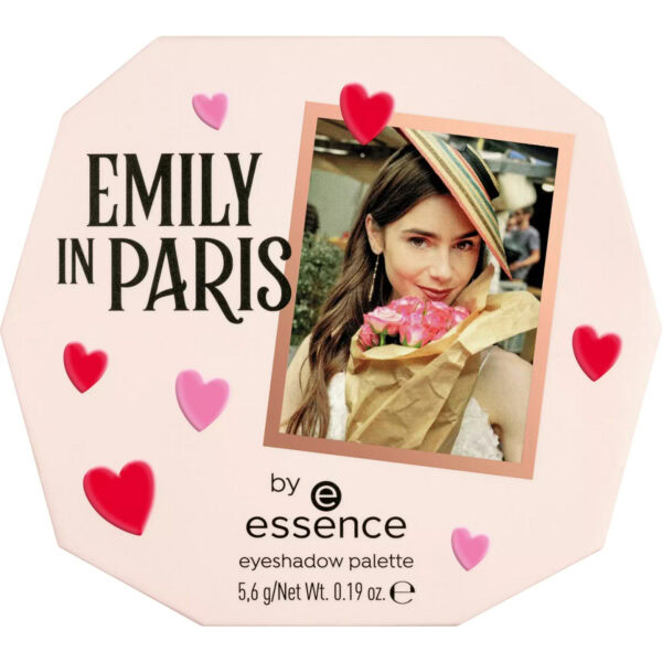ESSENCE-EMILY-IN-PARIS-EYESHADOW-PALETTE-5.6g.jpg Paleta de sombras Emily in Paris de Essence con diseño romántico y colores vibrantes.