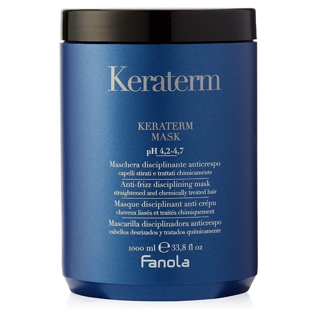 Máscara anti-frizz Keraterm para cabello liso y tratado químicamente.