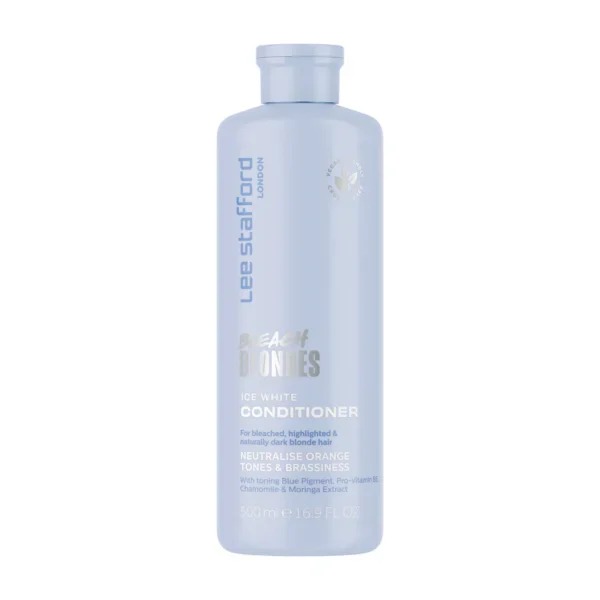 LEE-STAFFORD-BLEACH-BLONDES-ICE-WHITE-CONDITIONER-500ml.webp Acondicionador para cabello rubio platinado Ice White de Lee Stafford.
