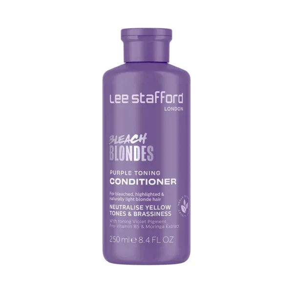 Champú tonificante para rubios platinados y decolorados de Lee Stafford en botella morada.