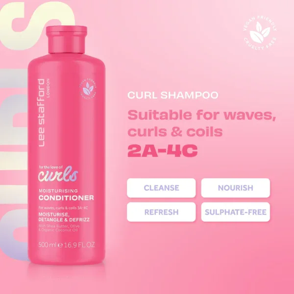 Champú para rizos Lee Stafford, adecuado para ondas, rizos y coils, 500ml.