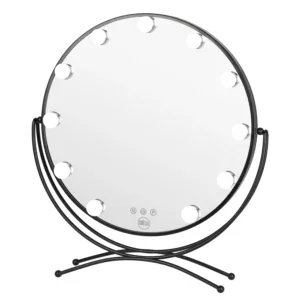 Espejo de tocador con 11 bombillas en marco negro para maquillaje y belleza.