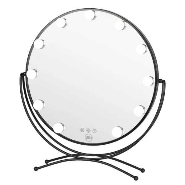 LURELLA-VANITY-MIRROR-11-BULB-ROUND-BLACK.webp Espejo de tocador con 11 bombillas en marco negro para maquillaje y belleza.