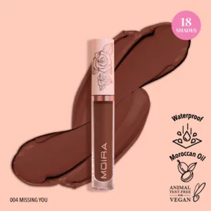 Barras de labial líquido Moira Lip Divine en tono 004 Missing You con 18 tonos.