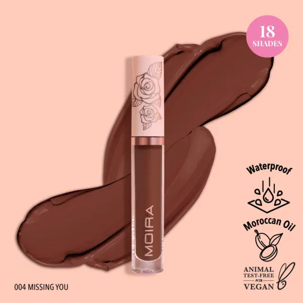 Barras de labial líquido Moira Lip Divine en tono 004 Missing You con 18 tonos.