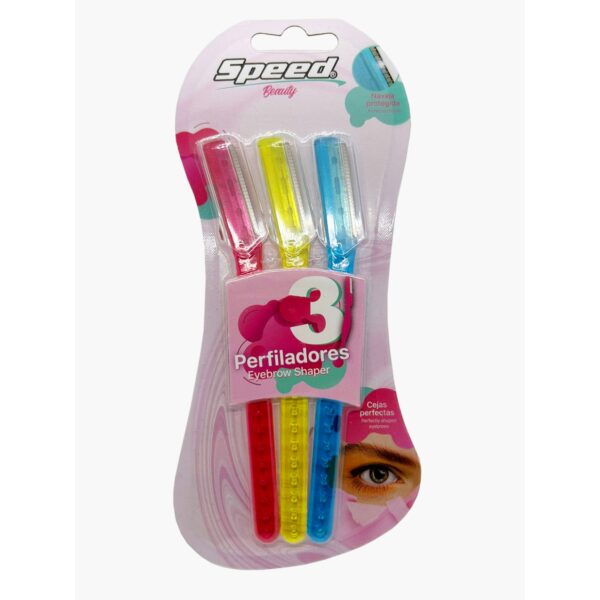 Conjunto de 3 perfiladores de cejas en colores rosa, amarillo y azul.