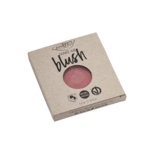 Polvo de blush en caja de cartón con diseño ecológico y transparente en el centro.