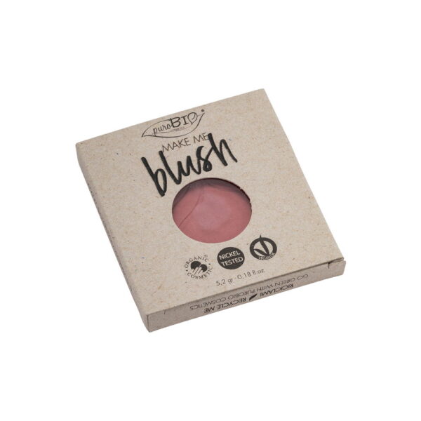 PURO-BIO-REFILL-BLUSH-06.jpg Polvo de blush en caja de cartón con diseño ecológico y transparente en el centro.