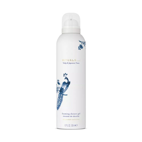 Gel de ducha en aerosol con diseño de pavo real y flores azules.