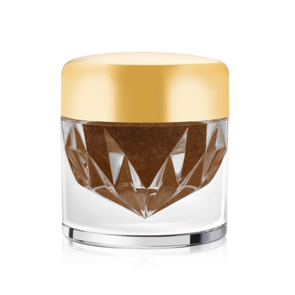 Polvo mineral para cejas en frasco con tapa dorada y diseño elegante.