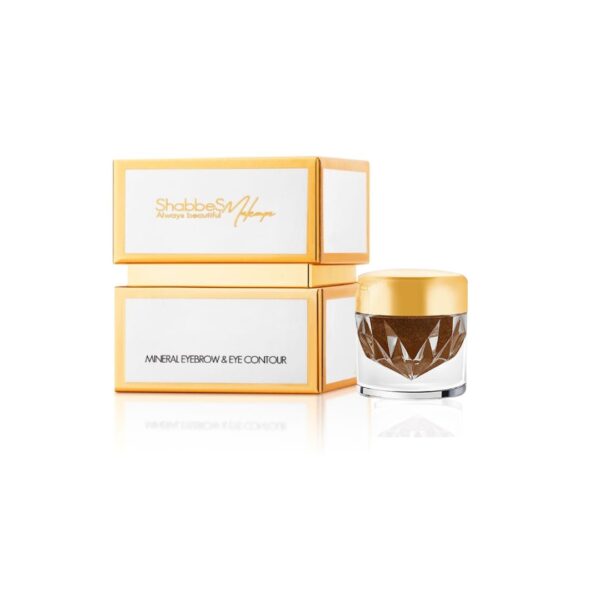 Producto de maquillaje mineral para cejas y ojos en envase elegante dorado y cristal.