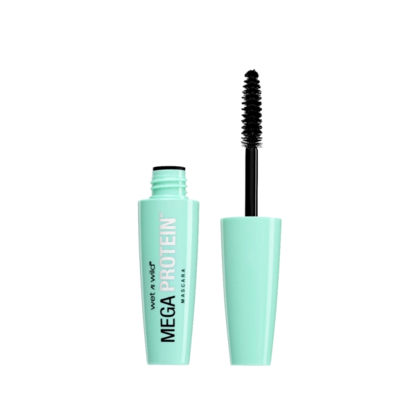 Máscara de pestañas Mega Protein Very Black 6ml en envase verde menta.