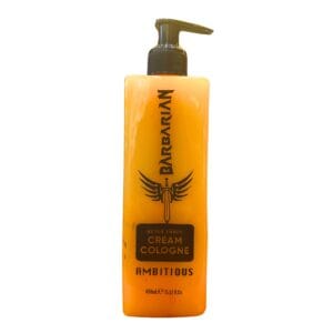 Loción corporal Ultra Panama Ambitious con diseño naranja y dispensador negro.