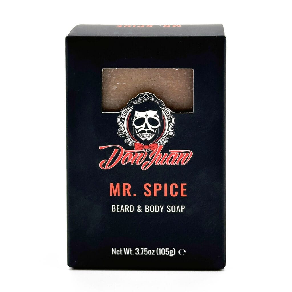 Jabón Don Juan Mr. Spice para barba y cuerpo, 105g, en caja negra con logo de calavera.