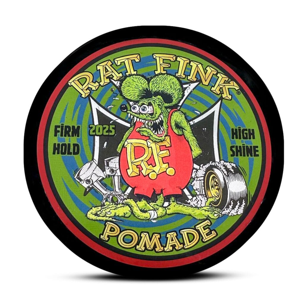 Lata de pomada Rat Fink de Ultra Panama con diseño llamativo y colorido.