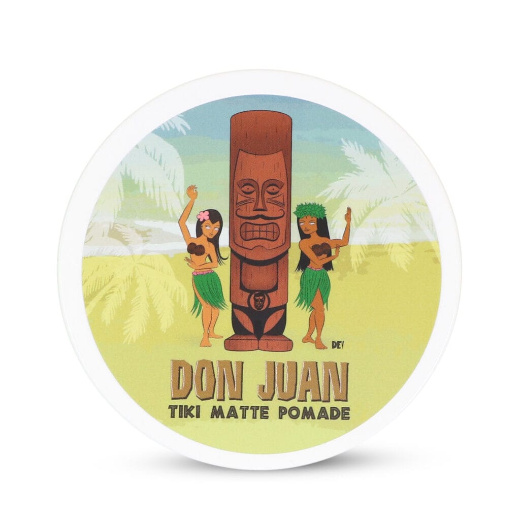 Cera para el cabello DON JUAN TIKI MATTE POMADE 113g con diseño tiki y mujeres hawaianas.