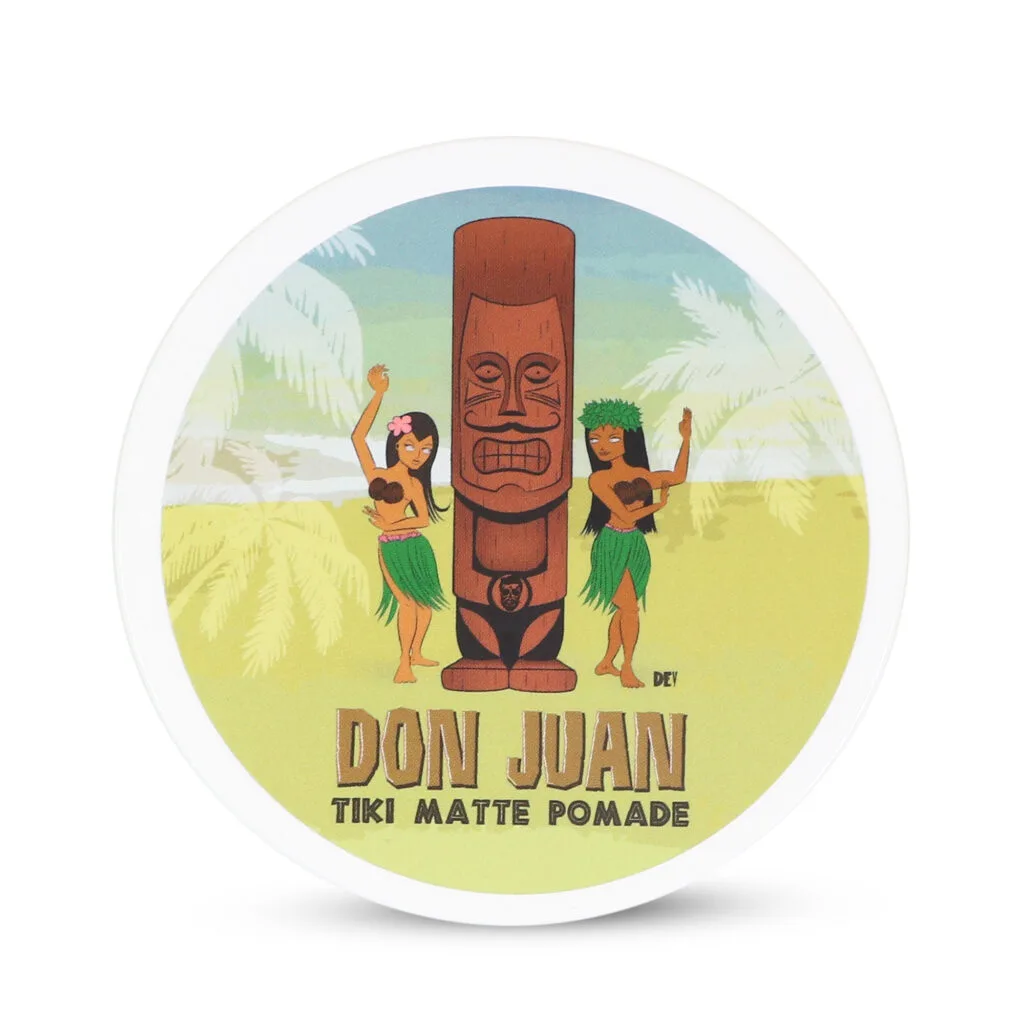 Cera para el cabello DON JUAN TIKI MATTE POMADE 113g con diseño tiki y mujeres hawaianas.