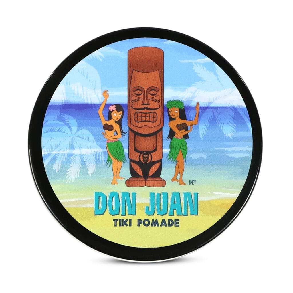 Envase de pomada tiki Don Juan con diseño tropical y dos bailarinas hawaianas.