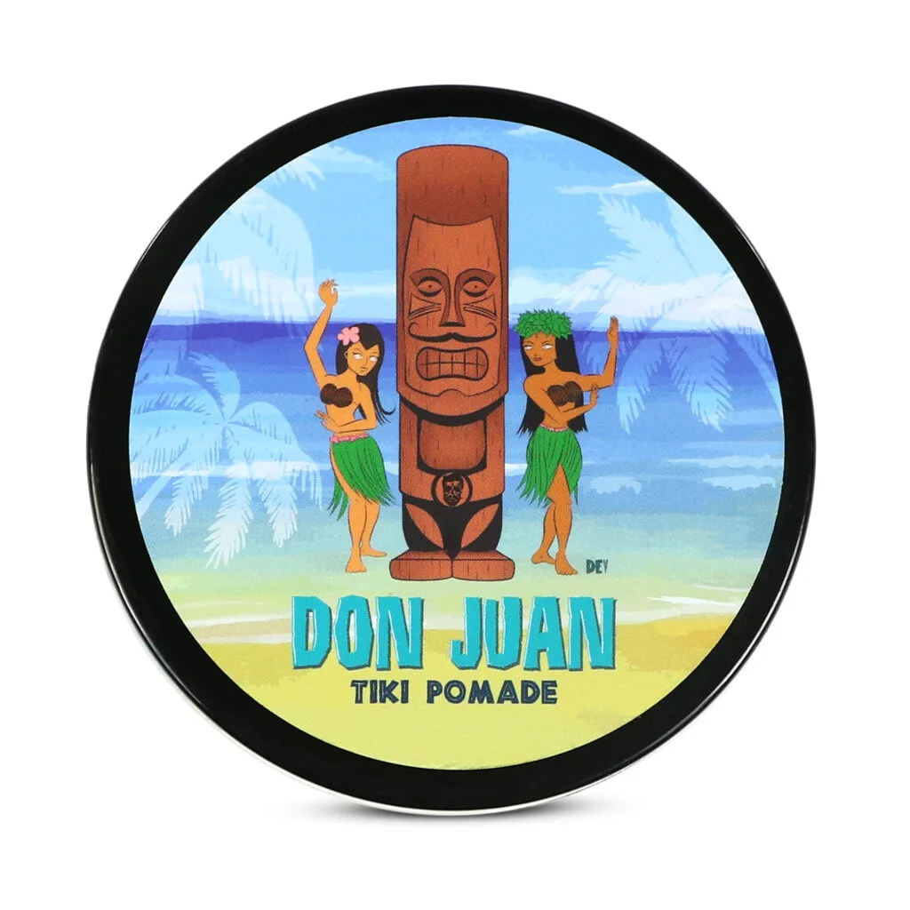 Envase de pomada tiki Don Juan con diseño tropical y dos bailarinas hawaianas.