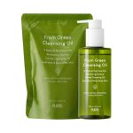 Aceite de limpieza verde PURITO con envase y recarga, cuidado de la piel.