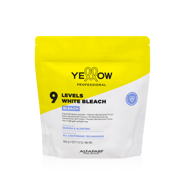 Polvo de blanqueador blanco de 9 niveles en empaque amarillo y blanco.