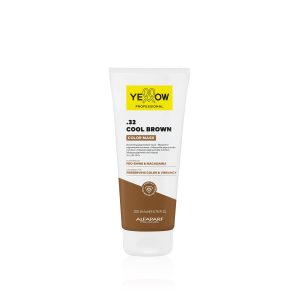 Tubo de mascarilla color marrón y blanco para cabello en imagen de producto.