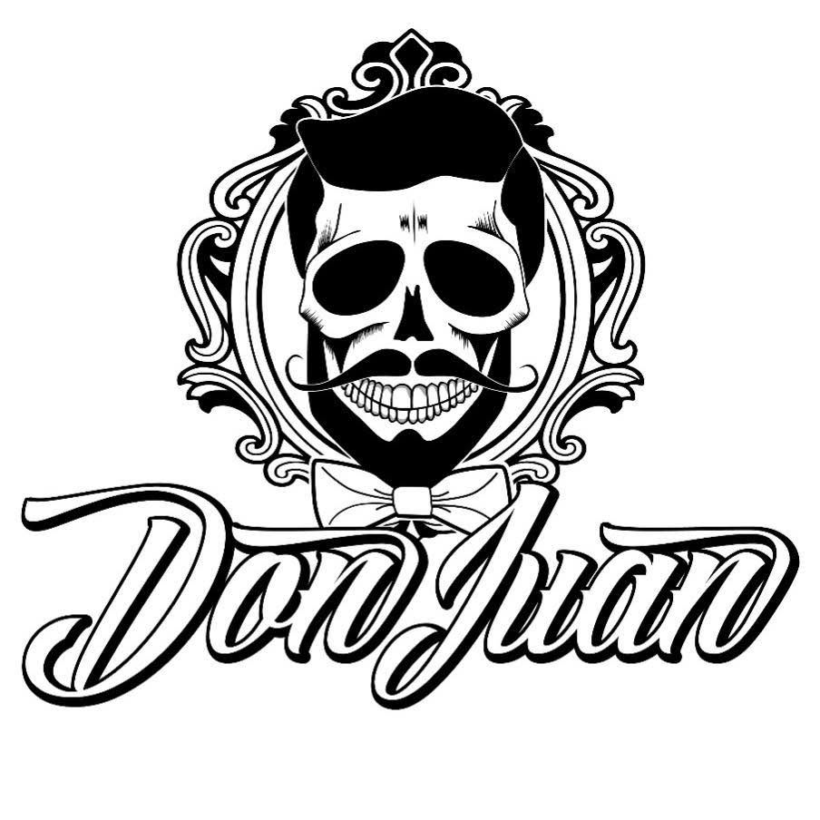 Logo de Don Juan con calavera y estilo vintage en negro y blanco.